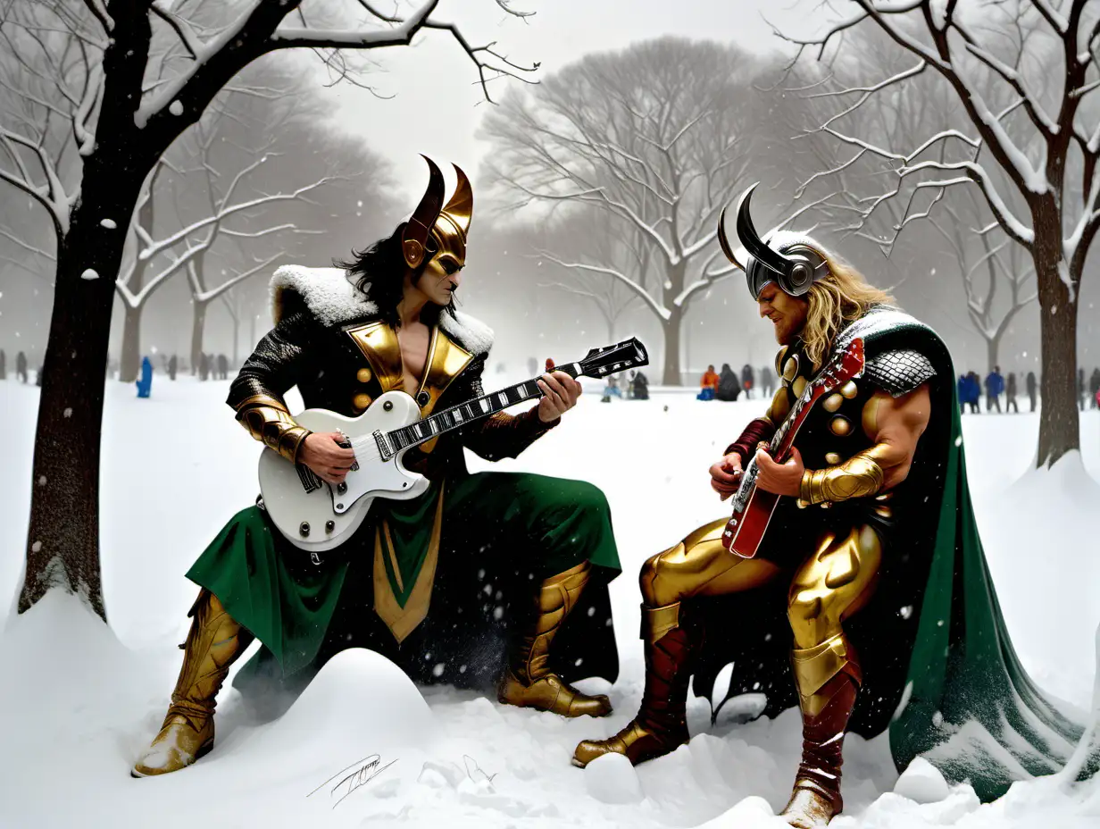 Loki and Thor playing blues guitar in NY central park during a blizzard Frank Frazetta style