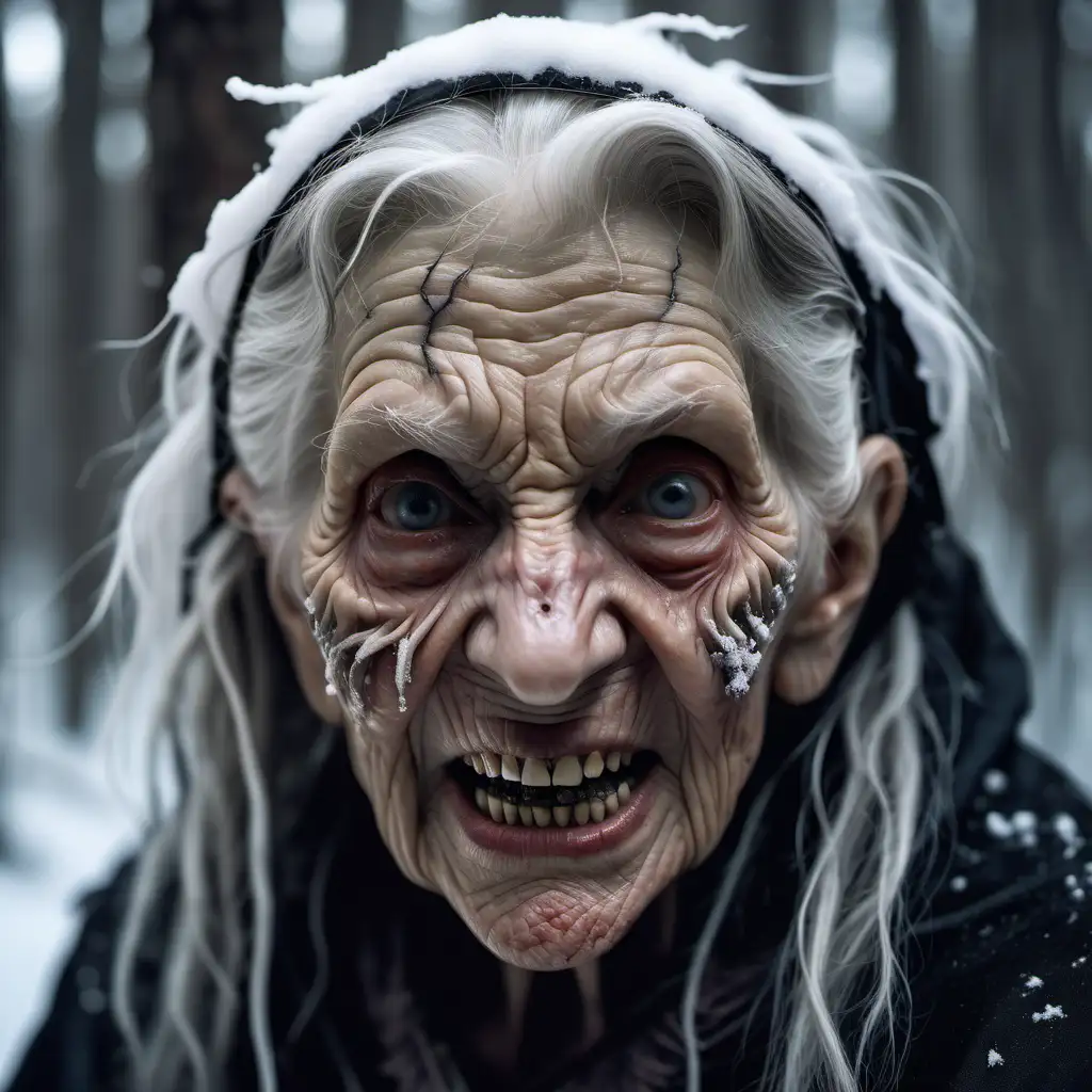 Closeup Portrait of an elderly woman witch with detailed facial features, rotten teeth, lifelike skin textures, snow in hair, natural light, realistic style, background snow forest, twilight