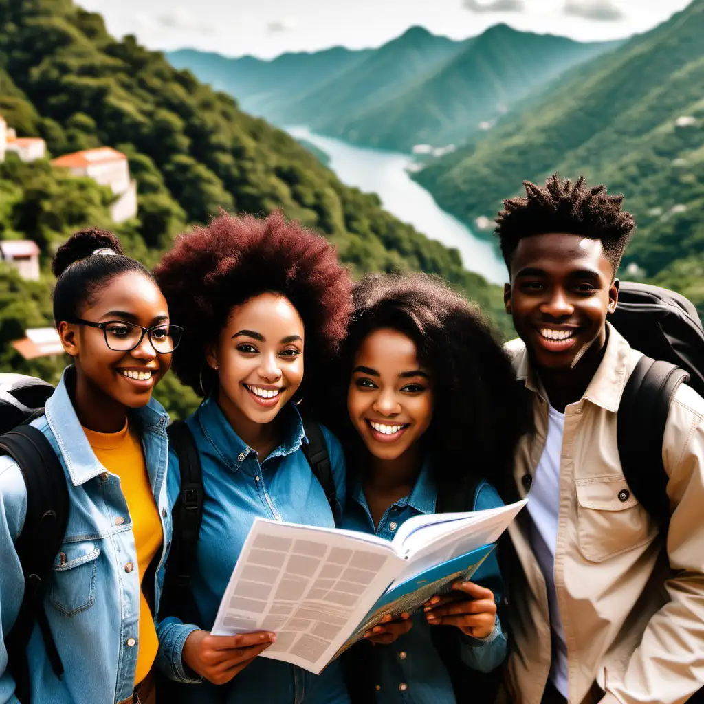A group of happy  black students studying abroad in a scenic location