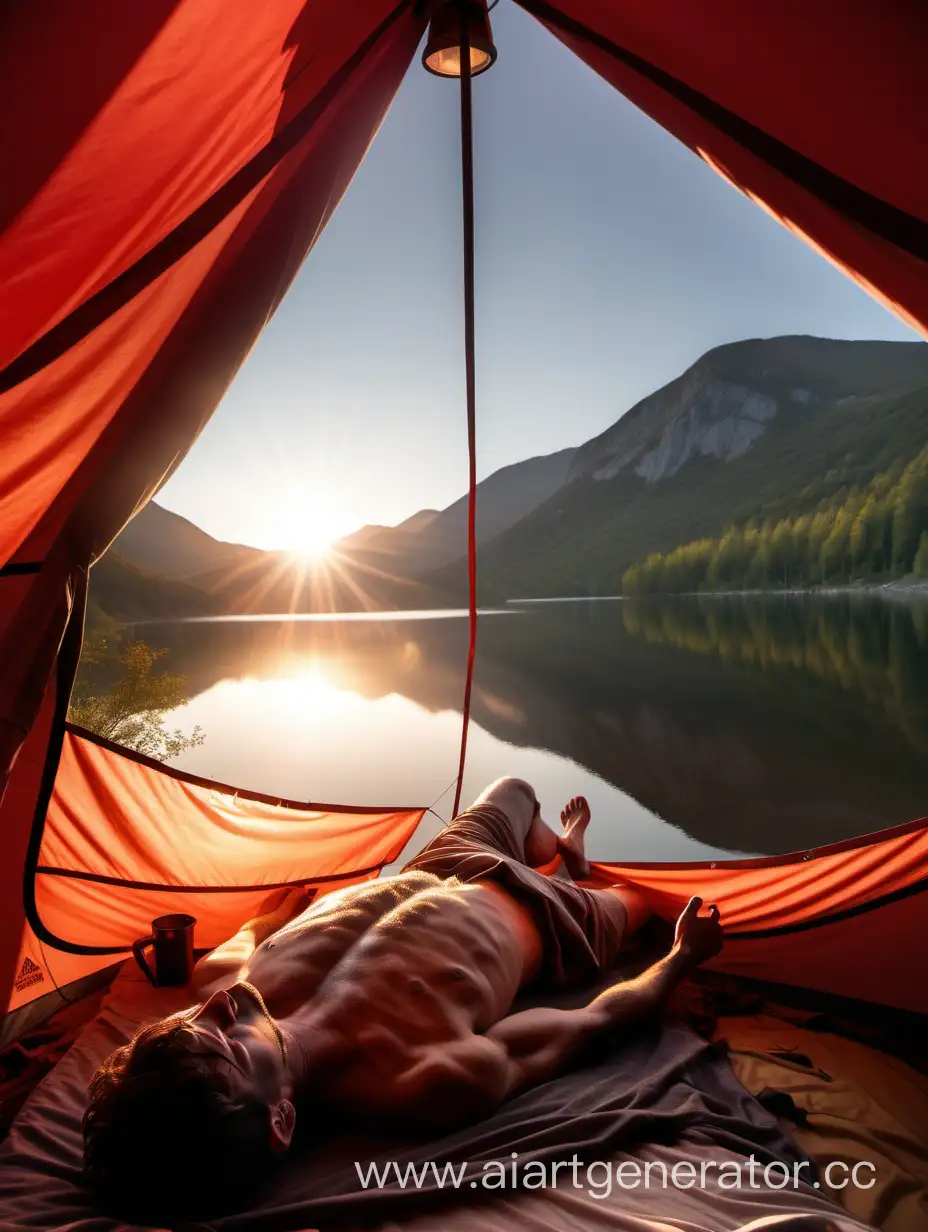 Полуголый парень лежит в палатке с видом на озеро в горах, на улице только начался рассвет и его тело слегка освещает красноватыми лучами солнца