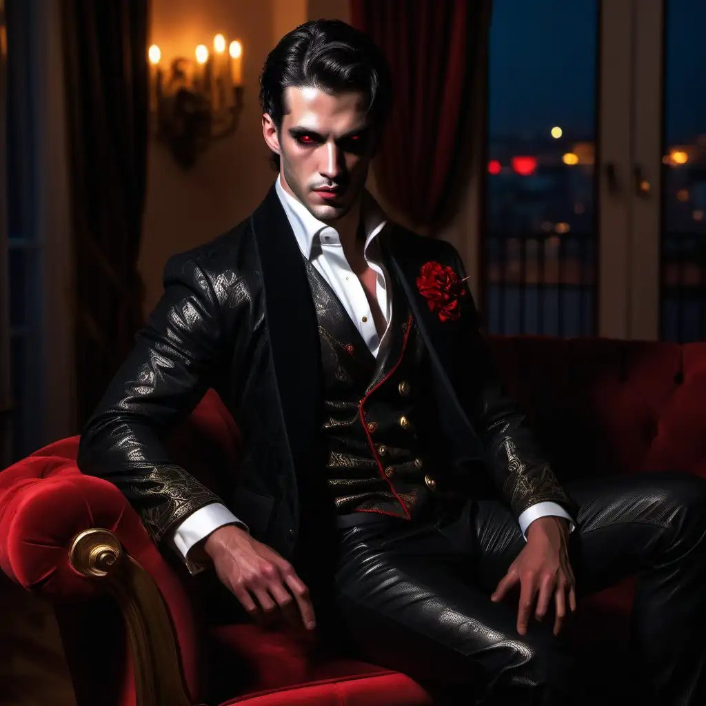 A male Toreador, primogen, red eyes, expensive clothing, handsome, sitting in a luxurious room, at night, realistic