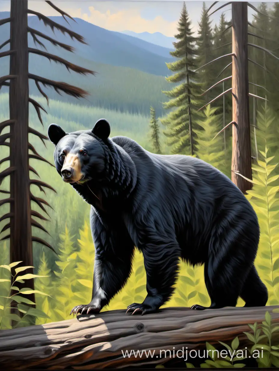 oil painting of black bear with forest in background
