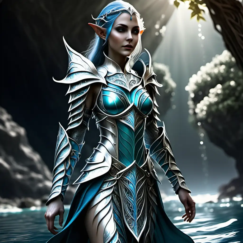  water elf female armor, silver accents, noble, royal, easy to move in, elven princess, ocean inspired