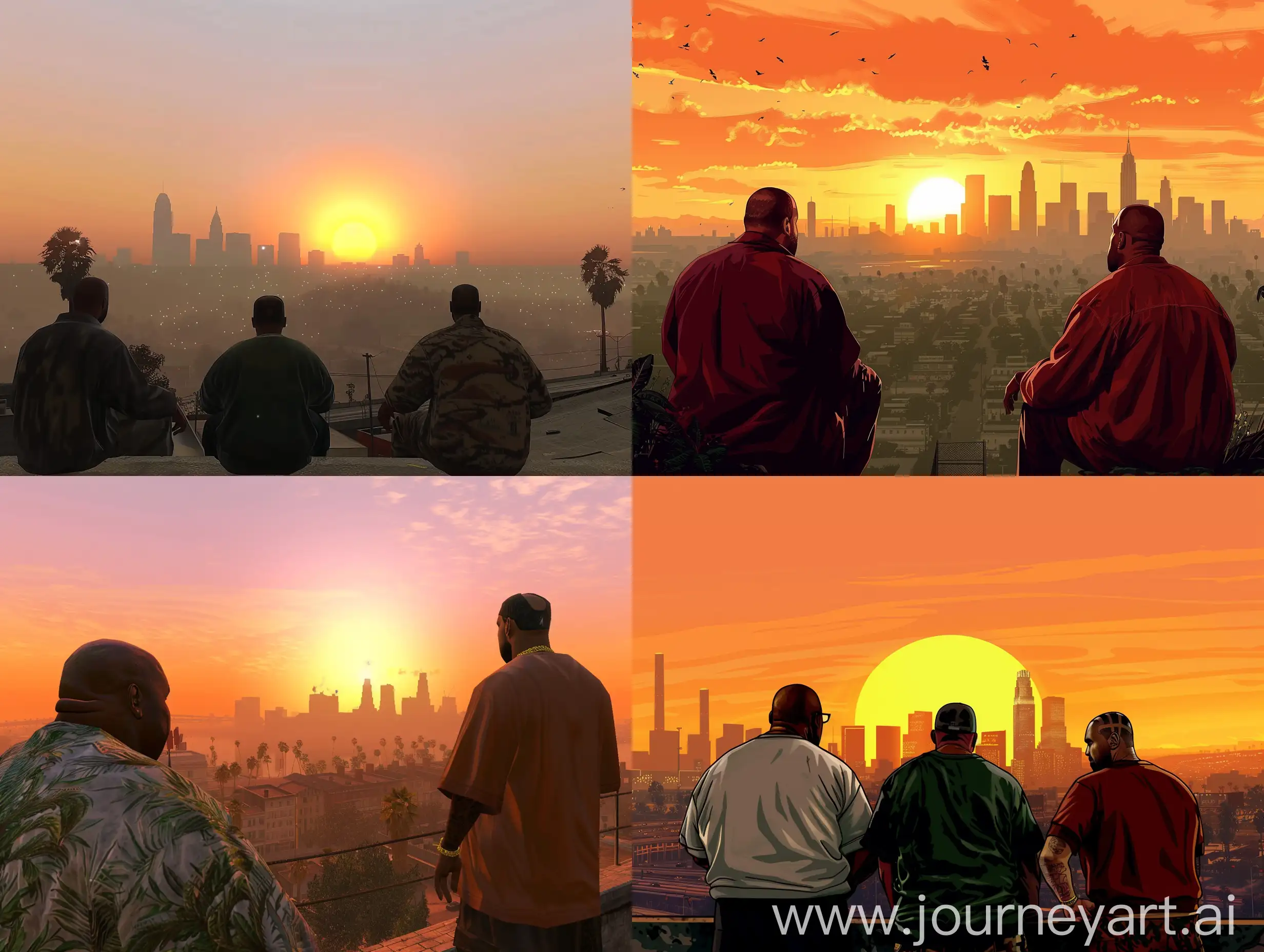 G-K-Chesterton-Shaq-and-Kanye-West-Admiring-Sunrise-in-Grand-Theft-Auto-San-Andreas-Cityscape