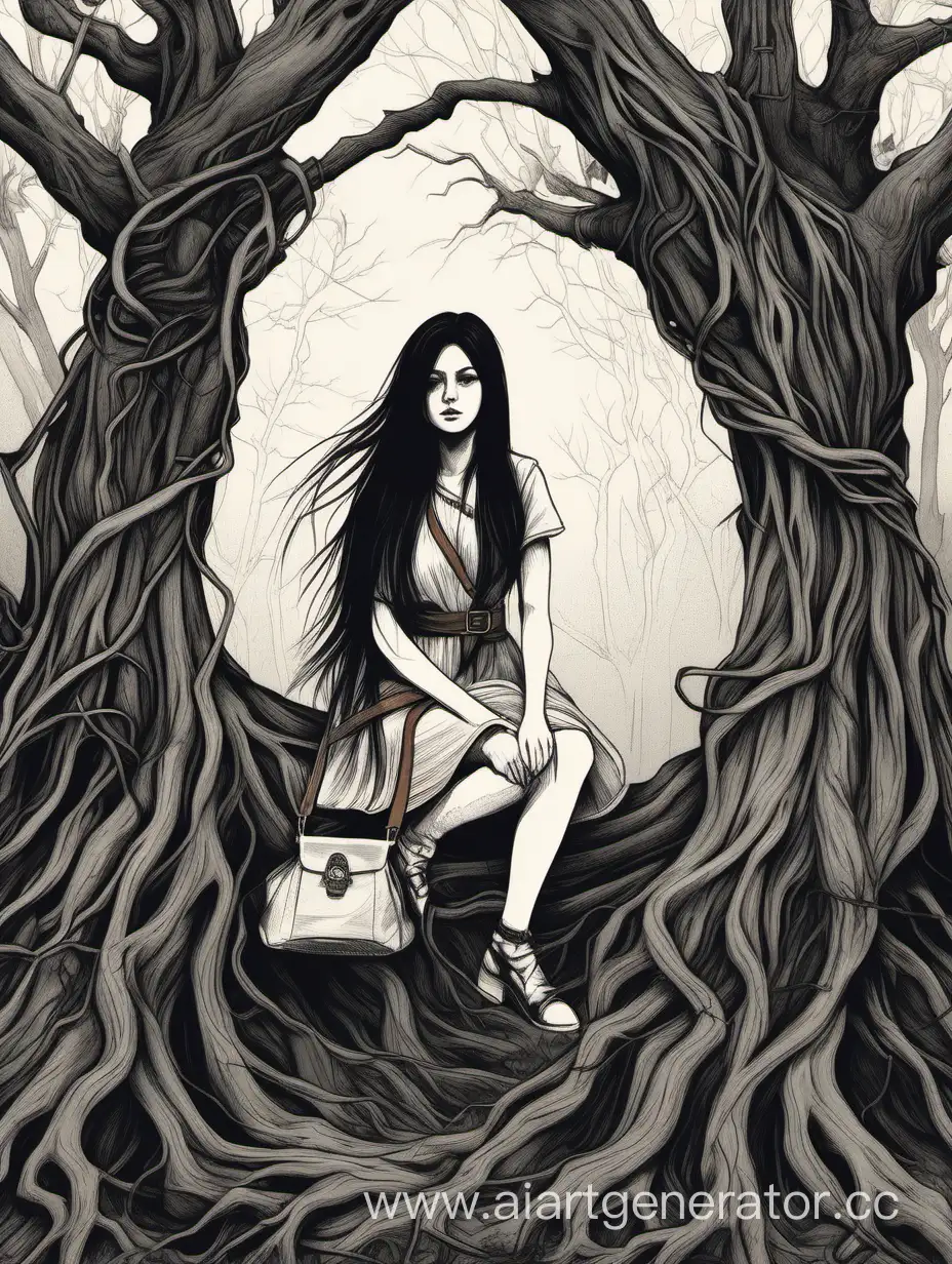 a girl with long dark hair is sitting in the roots of a tree, a gentle look, a simple dress, a dagger in her belt, a bag