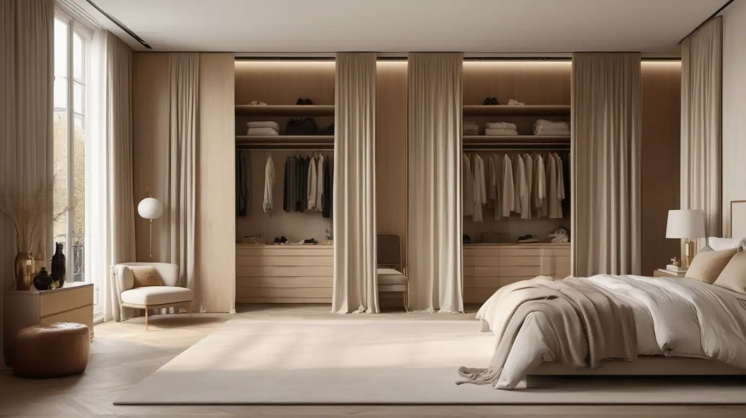 a Hyperrealistic image of a Modern Parisian bedroom and walk-in closet in one space with a wall dividing them; beige, light oak and brass colour palette; floor to ceiling windows with curtains;