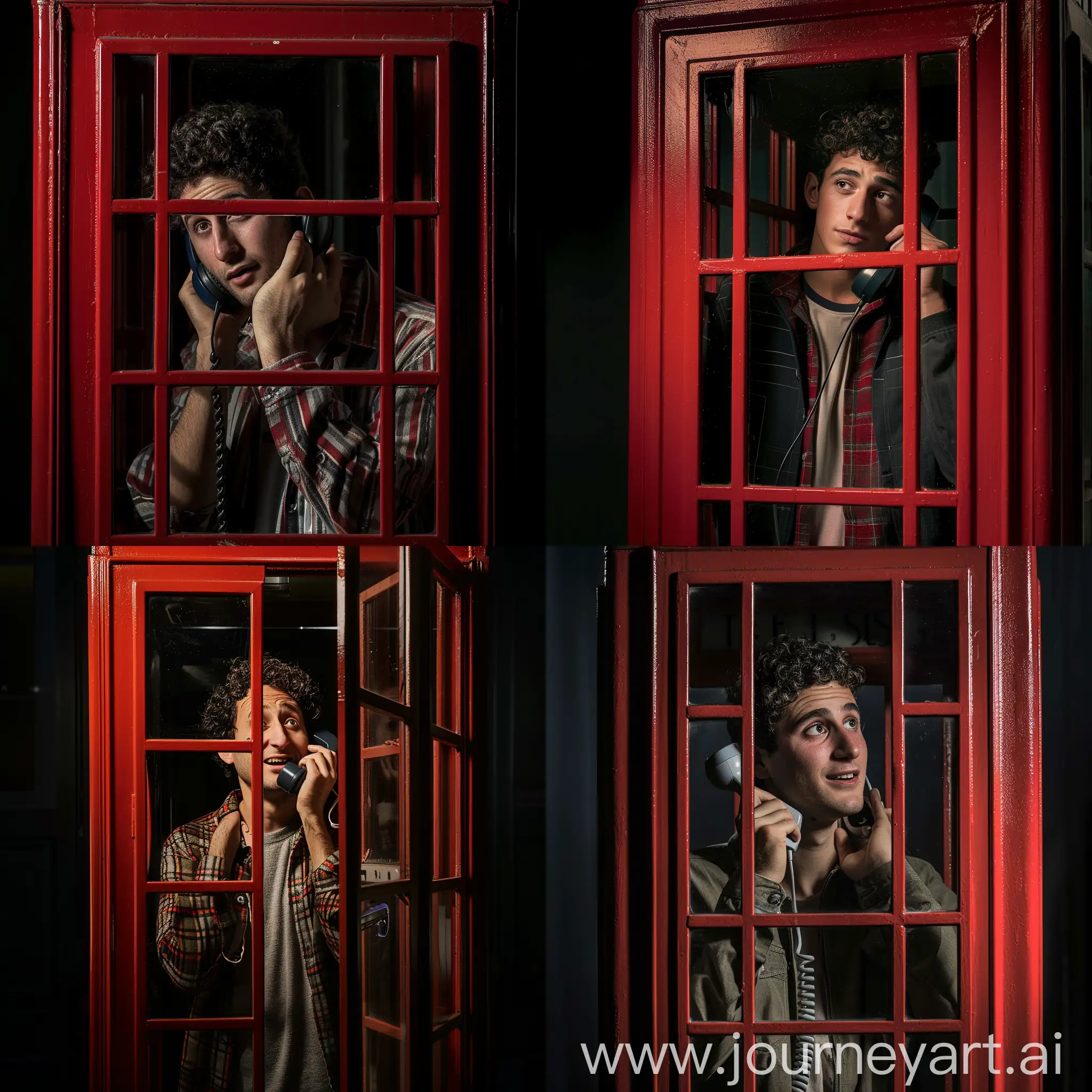 full body, a real handsome telavivi man with short curly hair, friendly face, f/1.8, hair wearing casual clothes, standing, stiffly behind the glass door of a red telephone box, daydreaming with the, telephone receiver to his ear, dark background with soft light bias from the side, best angle, dark night atmosphere, cinematic images, professional photo shoots, promotional images, early 90's photography, faces looking at the camera