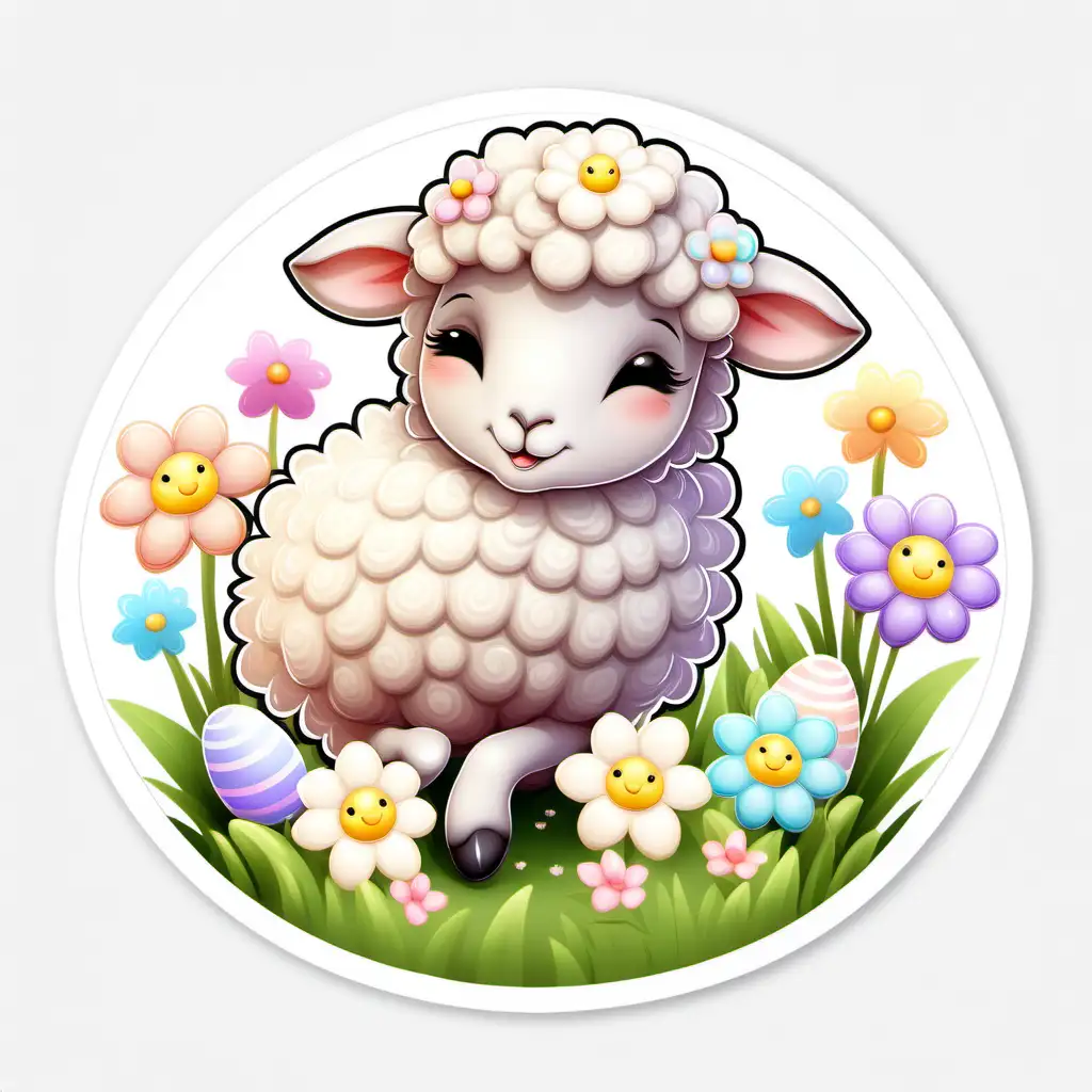 fairytale,whimsical,cartoon,easter playful,baby sheep,sleeping in a flower bed,spring flowers,
pastel, white background, sticker image