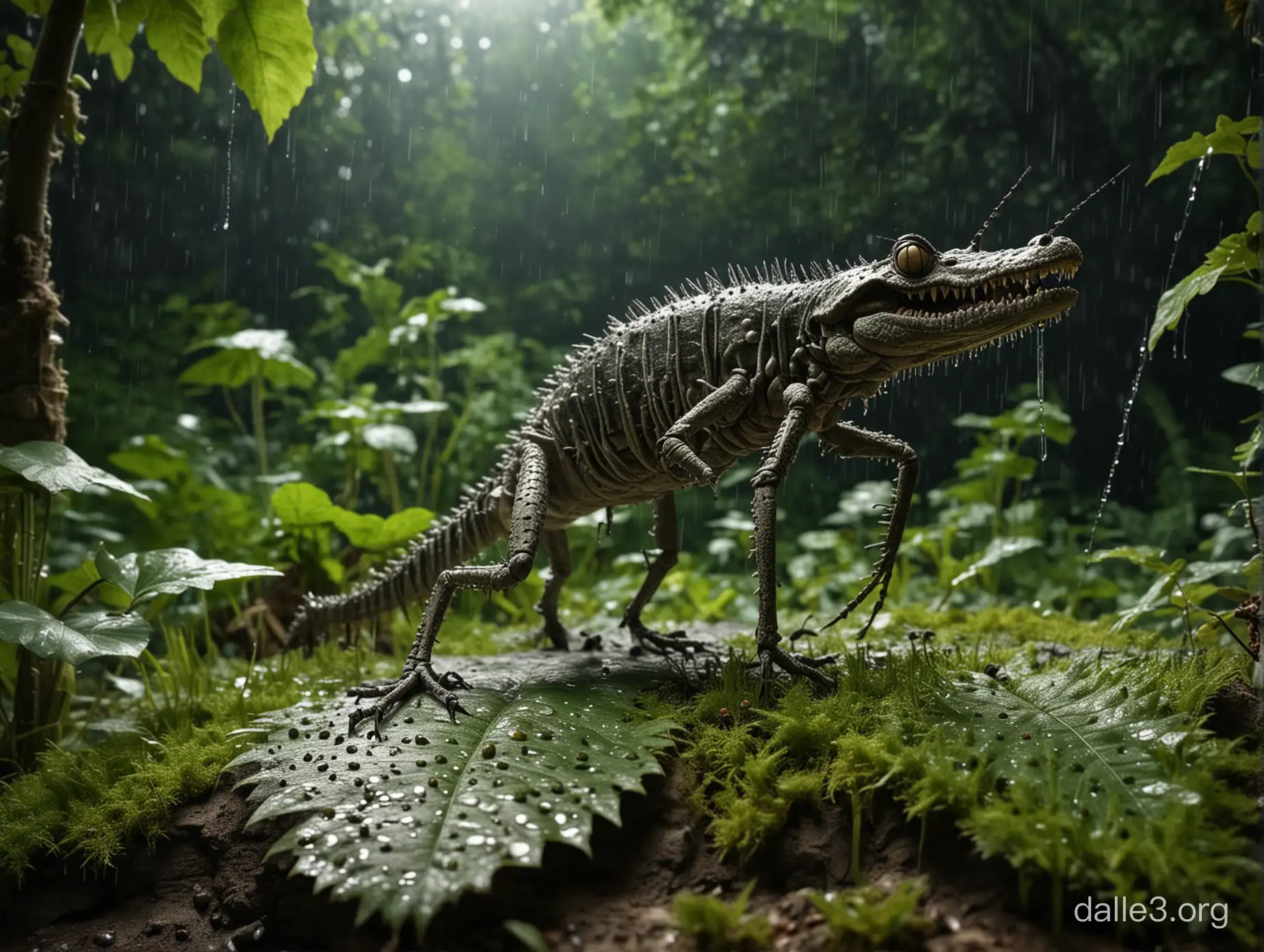 a monster in the form of a crocodile and a mosquito skeleton with a mosquito trunk, scales, spikes, concrete and glass, stands on a green leaf of a vine in the forest, against a background of glowing mushrooms, night, rain