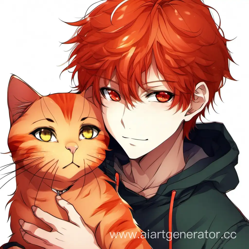 Аниме в стиле реальности. Мальчик с рыжими волосами карими глазами с рыжим котом