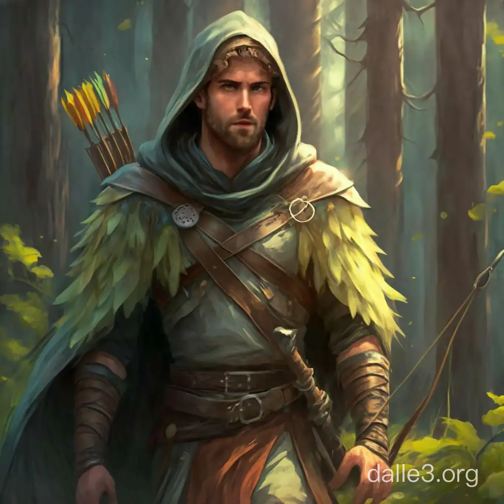 Ranger's Apprentice, a detailed and high-resolution illustration of a cloaked, hooded, short bearded male ranger character, he is an archer, and his plumage has a lot of forest colors, he is walking in a fantasy mountain background, vibrant colors, fantasy, Halt from Ranger's Apprentice --niji 6 --ar 9:16