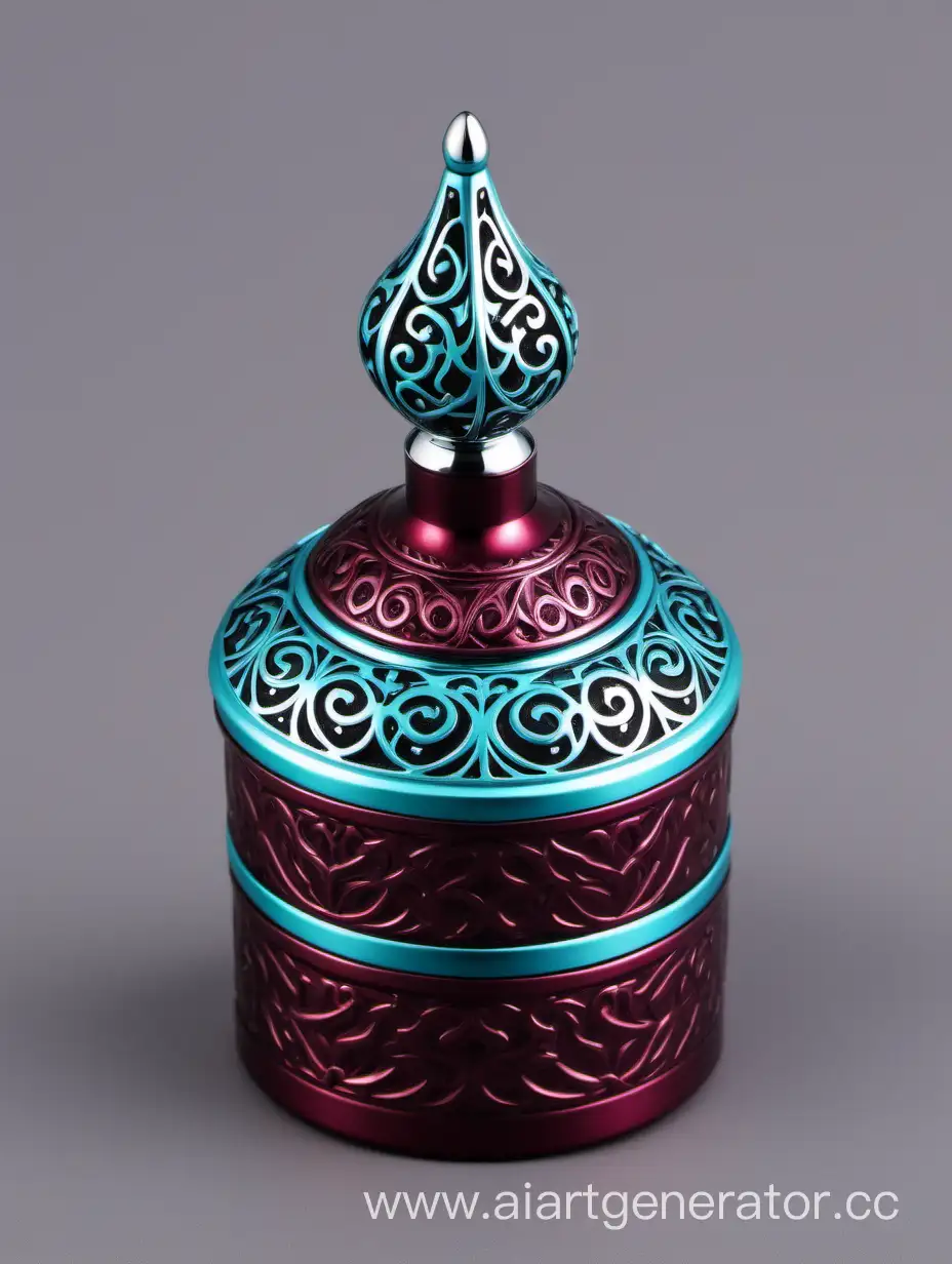 Zamac Perfume decorative ornamental long cap, SHINY tourqoiuse  color with matt DARK burgundy border line arabesque pattern shaped | metallizing finish