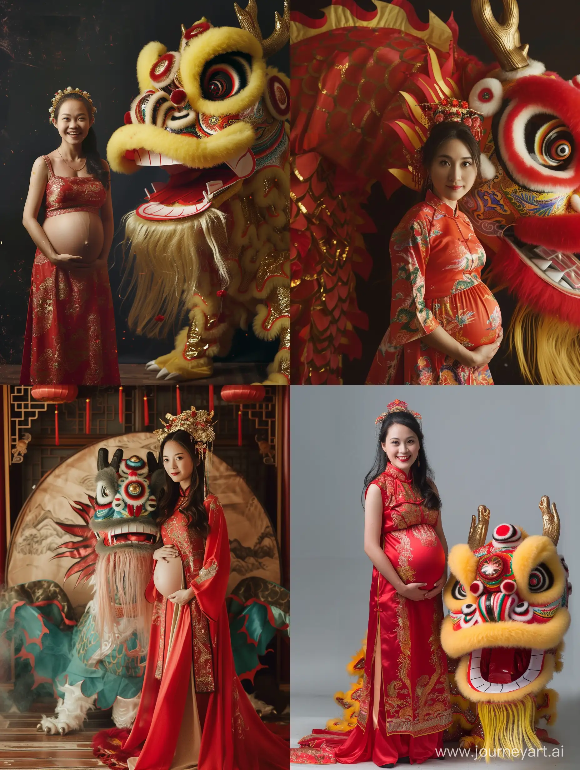 Chinese-Pregnant-Woman-Standing-by-Dragon-Celebrating-Spring-Festival
