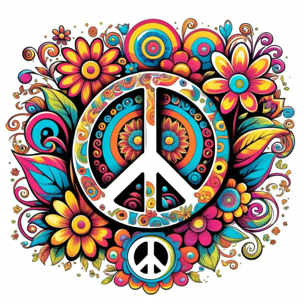 Psychedelic RetroStyle Peace Sign and Flowers Tshirt Design