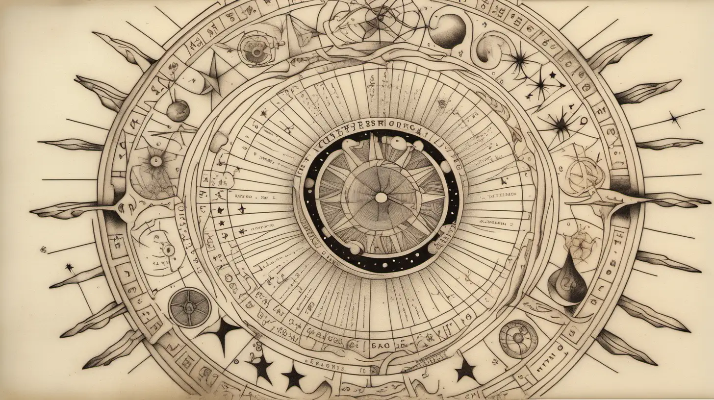 Celestial Astrological Wheel with Ethereal Stars and Occult Tattoos