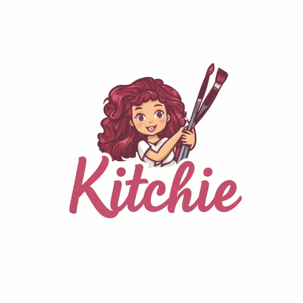 a logo design,with the text "Kitchie", main symbol:curly girl, barbie dolls, art brush,Minimalistic,clear background
