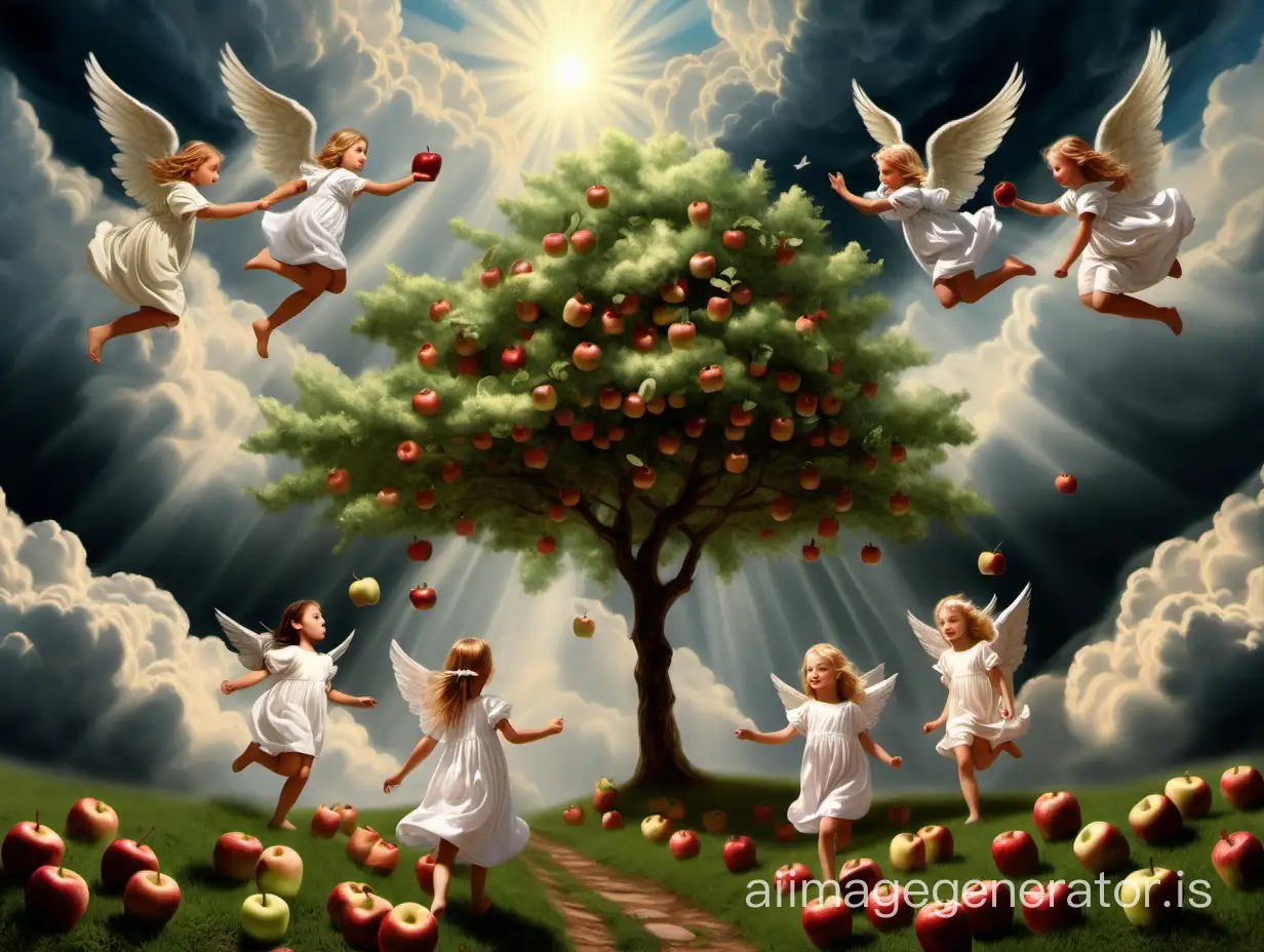 clouds, girls are walking and angels are flying above them, and there are trees with apples