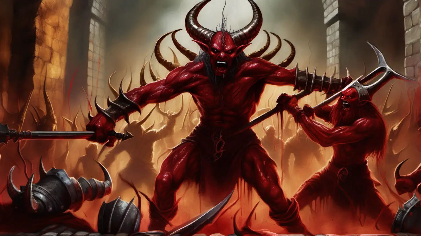 Fierce Red Demon Battling with Golden Horns and Cleavers in Medieval Fantasy Setting