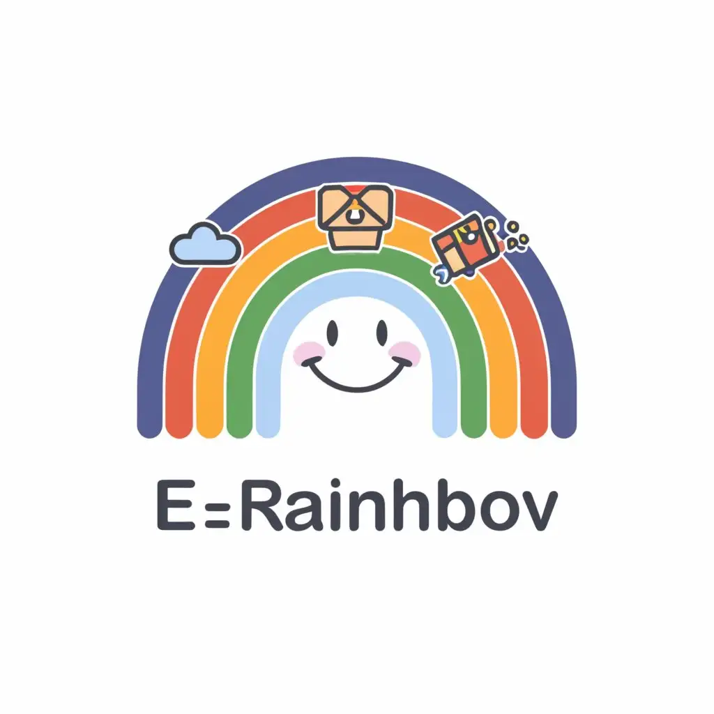 a logo design,with the text "e-rainbow", main symbol:a cute rainbow, underneath the rainbow is happy face, one end has a package to be delivered, one end is something from Japanese culture,Moderate,be used in Retail industry,clear background