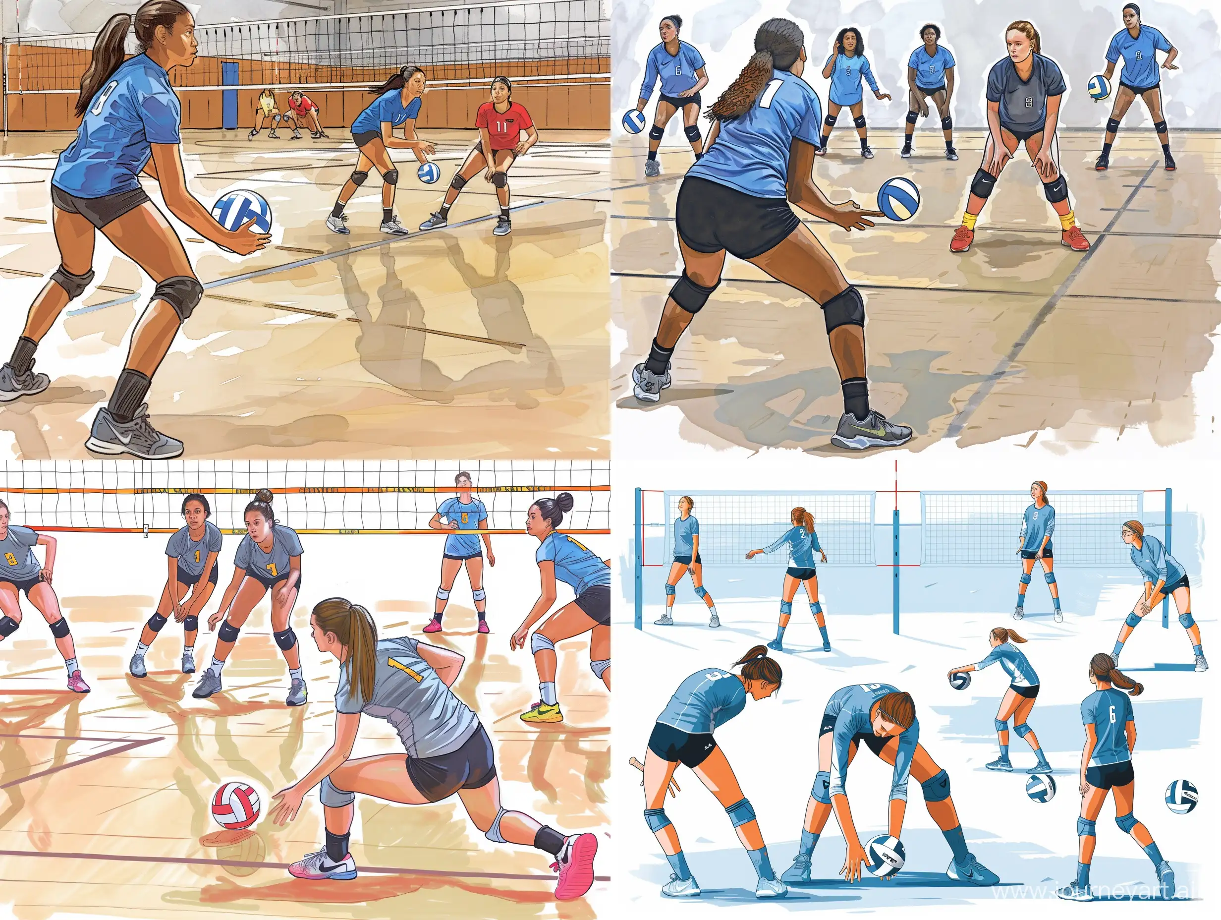 Skill Development Graphics: Create graphics illustrating various indoor volleyball techniques and drills taught at the camp, accompanied by concise descriptions to inform potential participants about the skills they will learn.