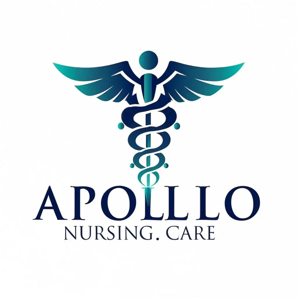 logo, caduceus MEDICAL SYMBOL, with the text "APOLLO NURSING CARE", typography, be used in Medical, CIRCULAR DESIGN, and letter embellishing.