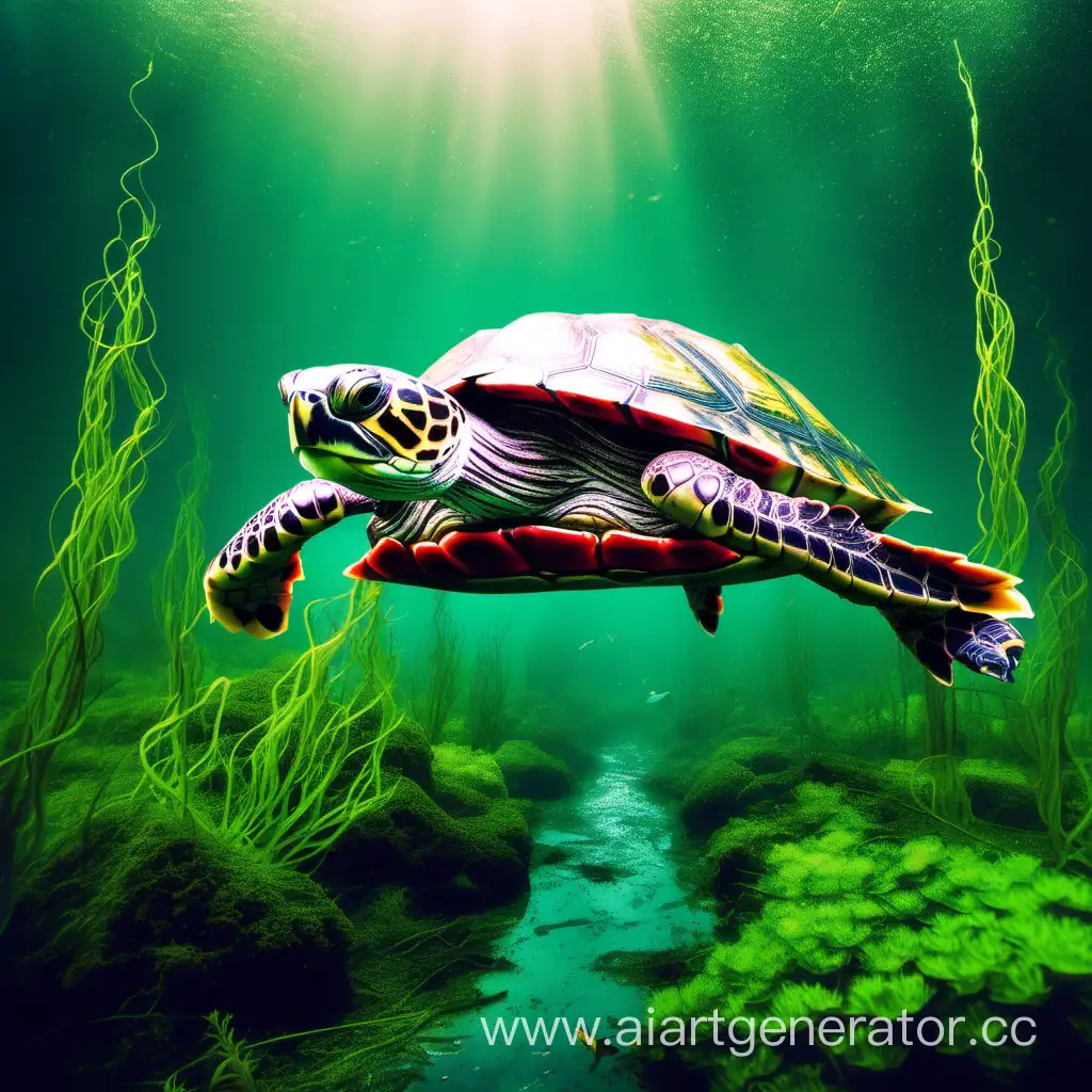 RedEared-Turtle-Swimming-Among-Algae-in-Flooded-Cityscape