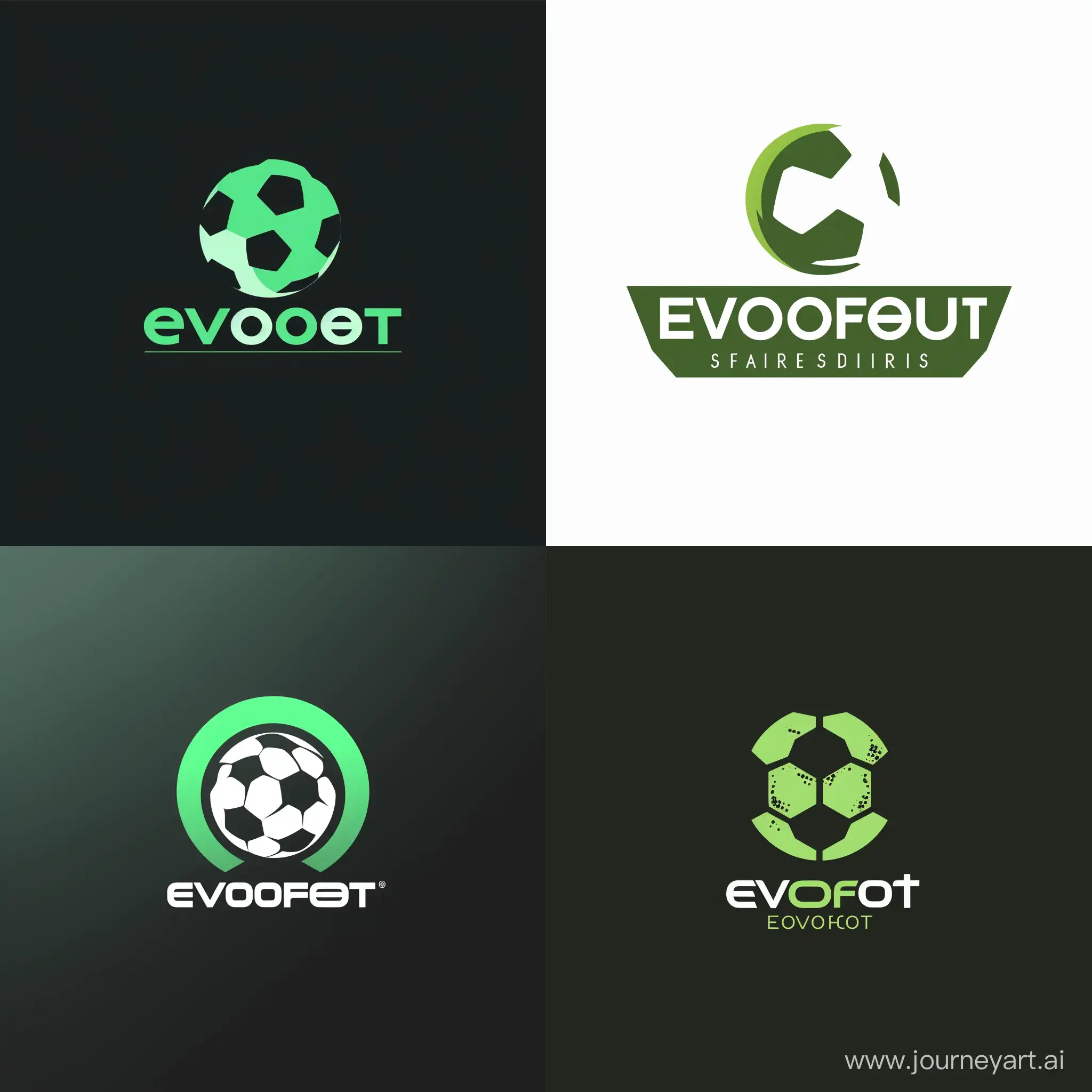 Create a minimalist logo for the football simulation game 'Evofoot'. The logo should embody the essence of football through a simple yet powerful design. Focus on clean lines and geometric shapes. Use a single soccer ball icon that is stylized to imply motion and evolution, perhaps through a subtle gradient or a clever use of negative space. The text 'Evofoot' should be in a sleek, sans-serif font, emphasizing clarity and modernity. Keep the color scheme monochromatic, using shades of green to connect with the football pitch, complemented by either white or black for contrast. The overall look should be uncluttered and sophisticated, easily recognizable and scalable for various branding needs. It should also convey a forward-thinking and elegant game experience with its simplicity and refined execution.