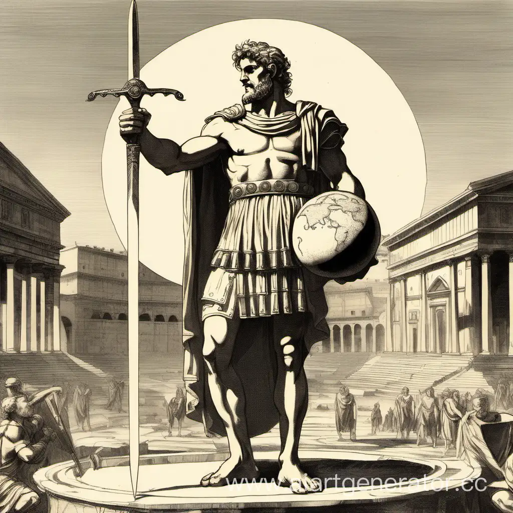 Мужчина воин стоит на площади в древнем Риме держит в одной руке планету земля, а в другой меч