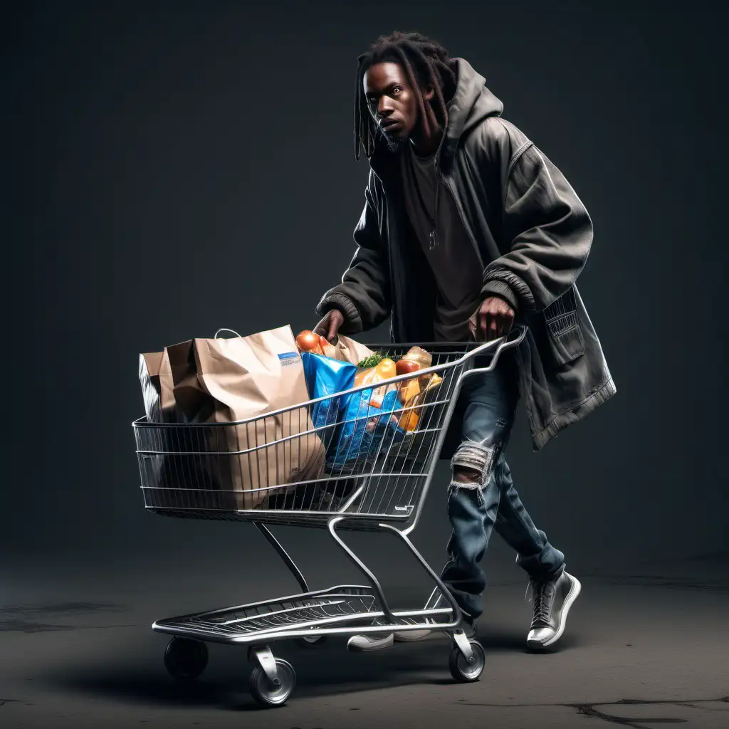  full body shot homeless african-american  pushing shopping cart. semi-realistic, cyberpunk style, fantasy