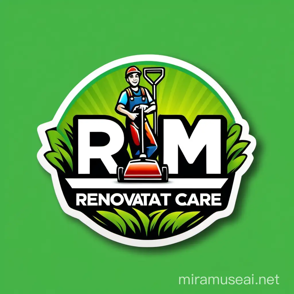  logo with word RM Renovation and lawn care, white background, professional logo, sticker style, colourful,