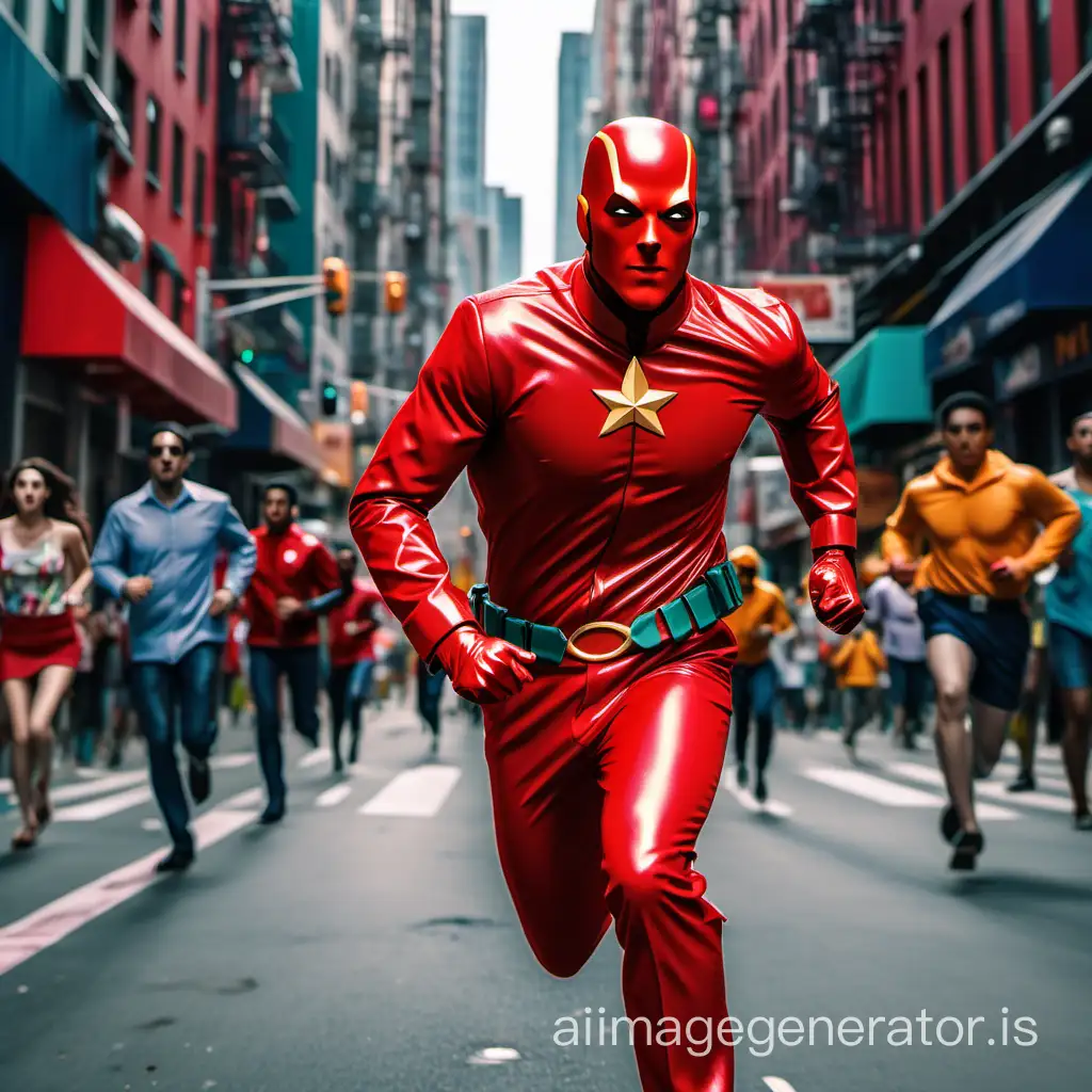 A red suited hero is running in a colorful city streets