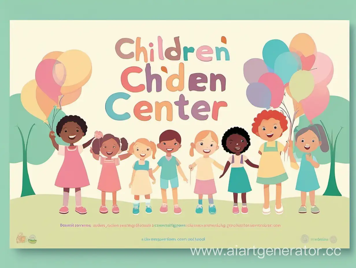 сгенирируй мне рекламный плакат детского центра. на нем должны быть радостные дети стоящие рядом с центром, все должно быть в пастельных оттенках