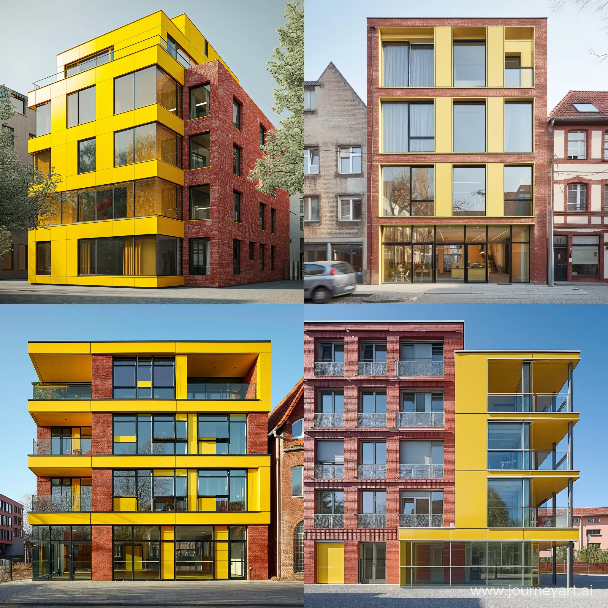 It is a 3-storey building built of red brick and glass. The facade is yellow and modern
