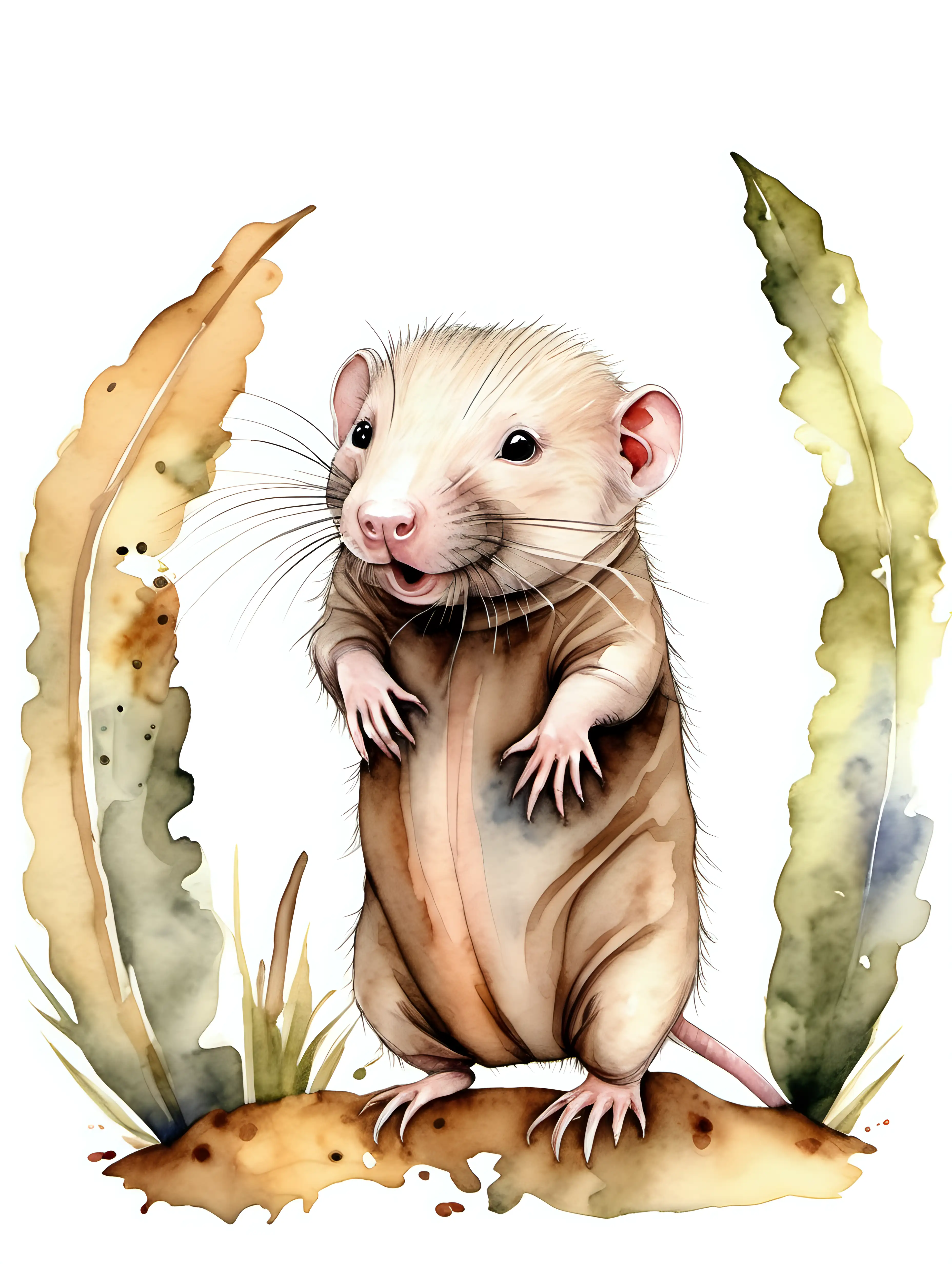 cute baby naked mole rat, watercolour drawing, woodland style.
Isolated white background