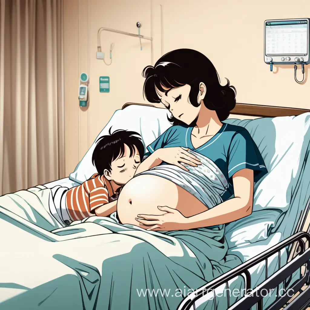 vintage anime overdue pregnant mother resting with little son hugging his mommy's big tummy in (hospital bed)