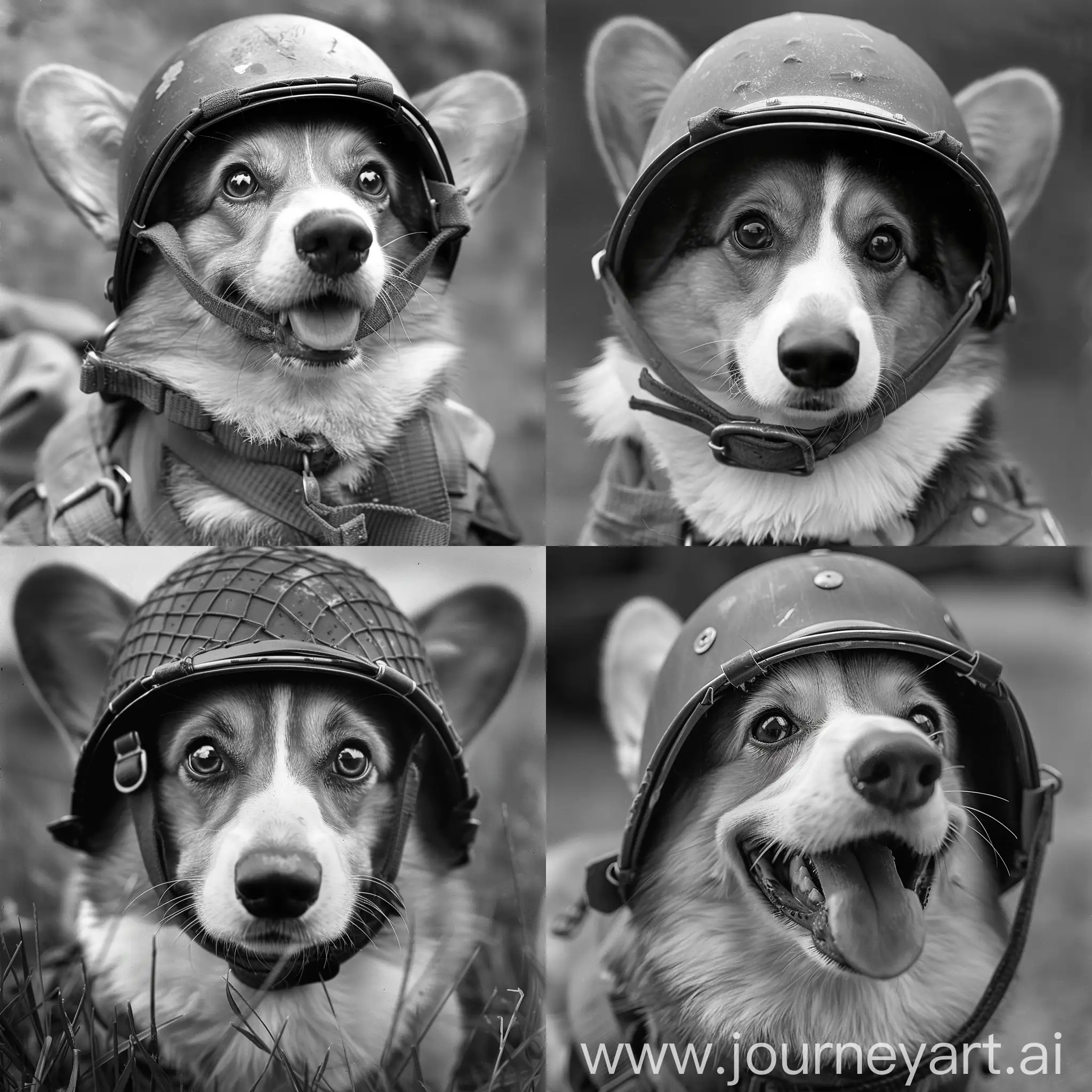 Close up of a corgi wearing soldier helmet in the battle, ww2 historical photography, black & white, 10.5mm, f 0.95