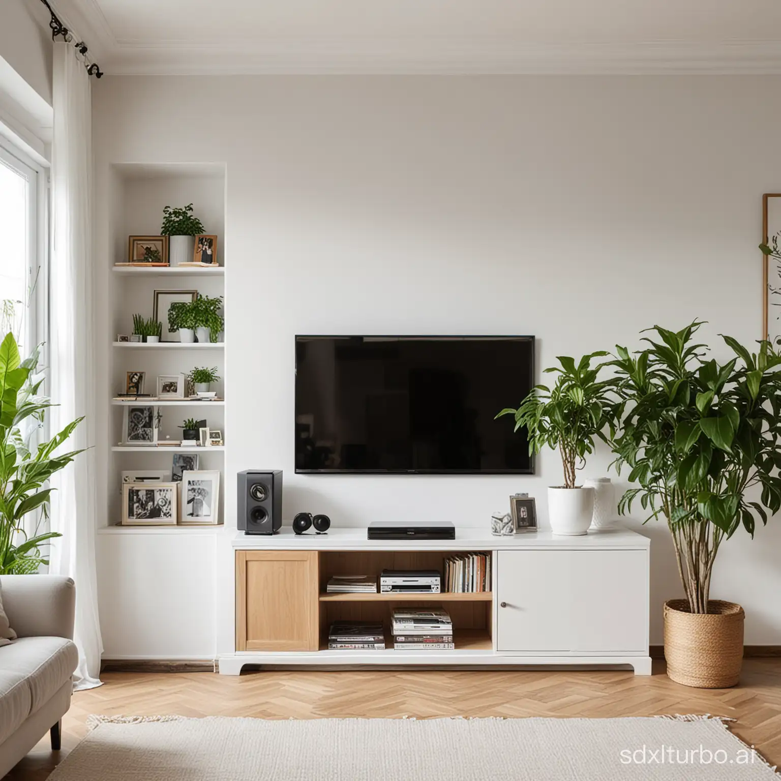 White walls, European-style living room, TV cabinet, green plants, records, sunlight, close-up, front