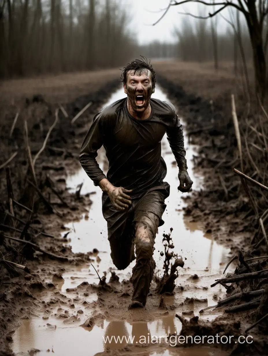 человек бегущий по топкому болоту. человек грязный.  человек сильно взволнован.