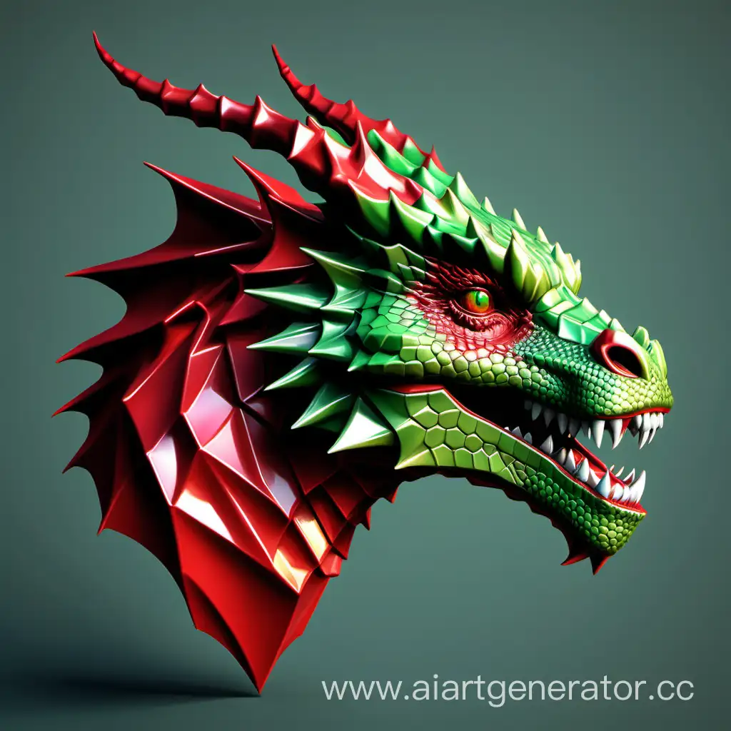 realistic poligonal dragon head red with green