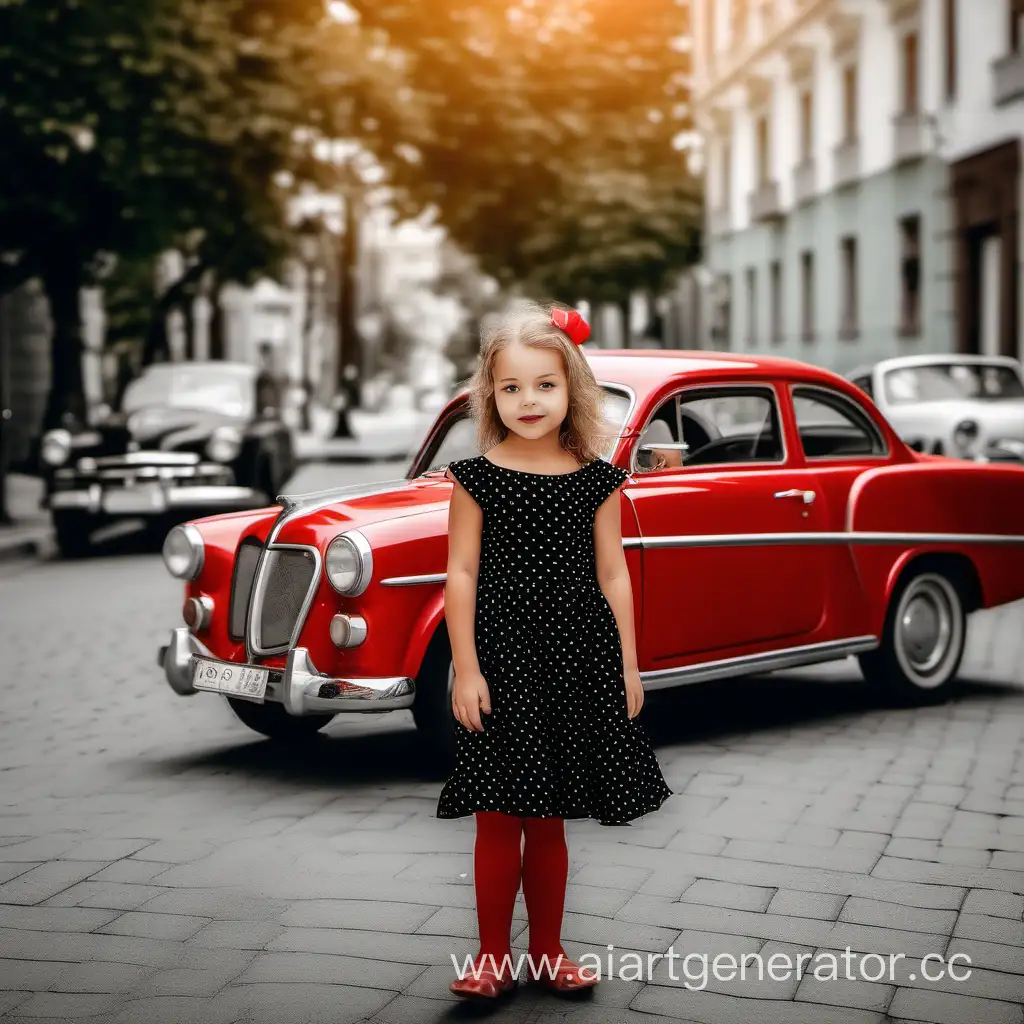 фотосессия на улице с детским красным ретро автомобилем девочка в платье черное с белым горошком стоит справа от автомобиля 