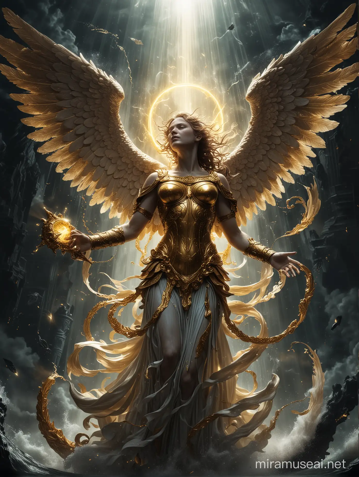 Um anjo com asas douradas dando um soco na cara do leviatã. Fundo da figura preto com luz  preta brilhando sobre eles.