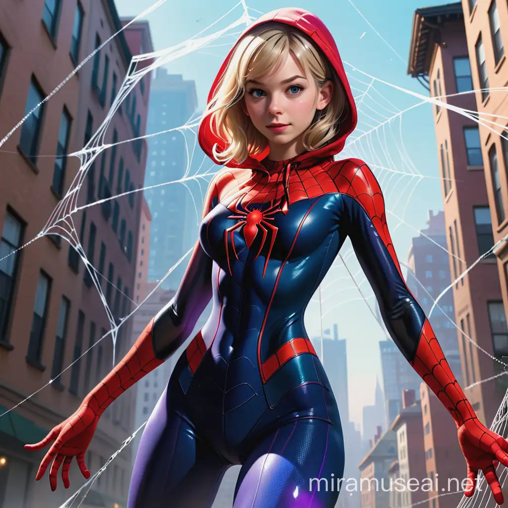 (((full medium shot))), (Masterpiece, best quality, ultra-detailed:1.3), (nice hands, perfect hands), official art, (1girl:1.3), adult, solo, fair skin, 20 year old, Gwen Stacy, superhero suit, hood, bodysuit, petite body, climbing, spider web, embarrassed