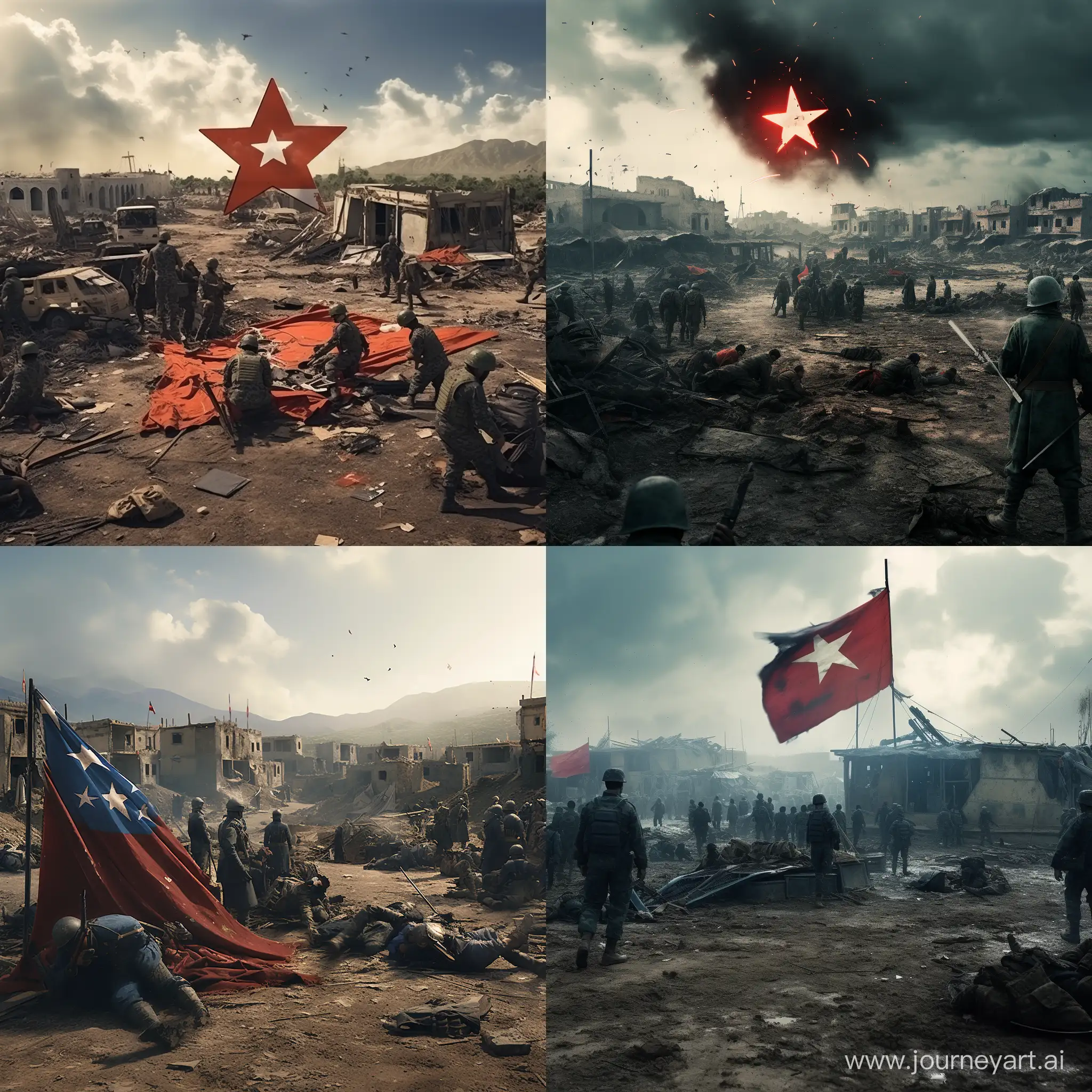 a modern and crowd army preparing thier tanks, artilleries, MRLs and personal rifles for battle in the  battlefied, a green turkish flag there, There are dead soldiers on the ground and shattered flags with a blue six-pointed star on them, cinematic