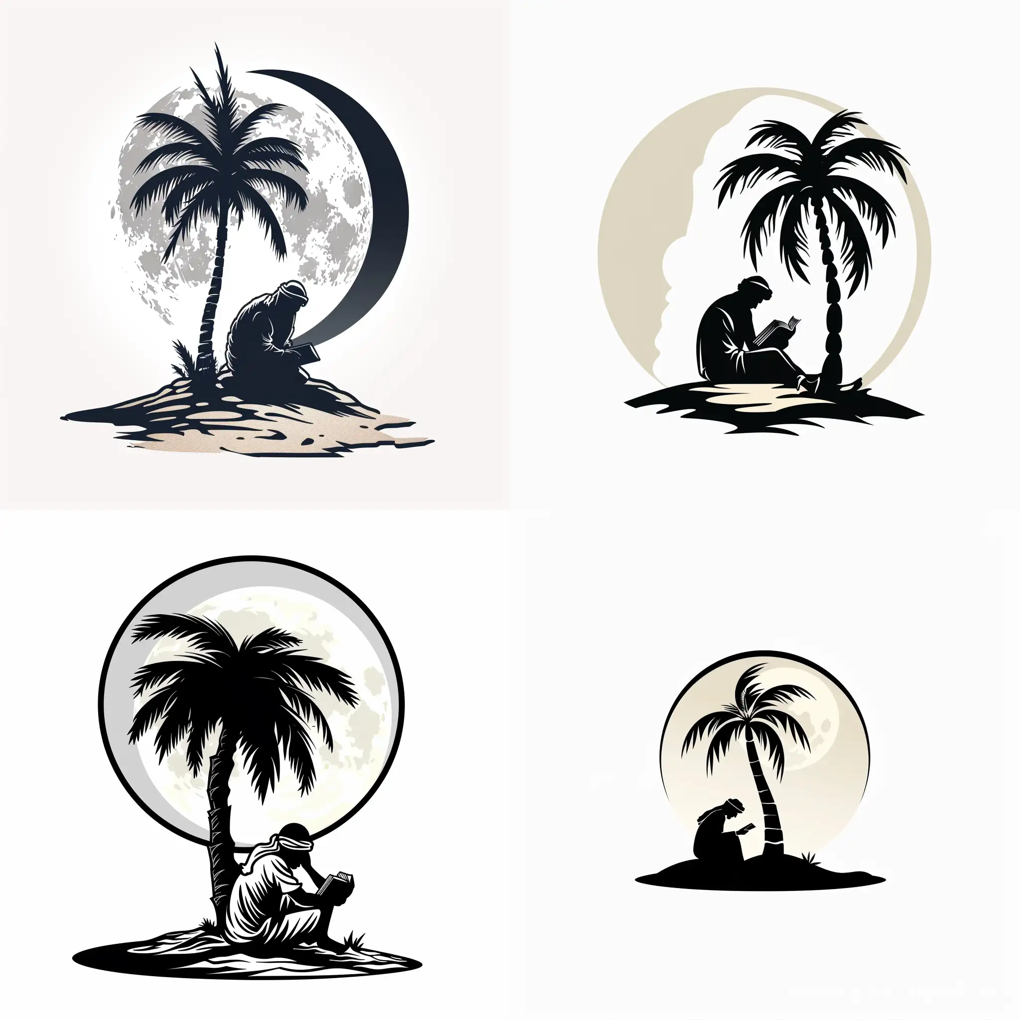 Make a very simple logo about a Middle Eastern Bedouin man reading a book and leaning his back on a palm tree in the middle of an oasis with big moon behind. Make the background and the moon full white, make the man and the palm tree black and only color the sand under the man.