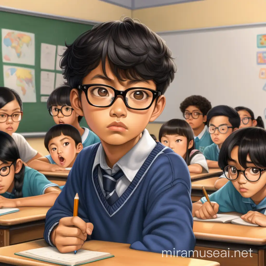 a stern looking teacher is at the front of the classroom; a 14 year old boy, of Asian ethnicity, wearing glasses, having short black hair, is sitting with a nervous expression, he wears glasses, there are other asian kids sitting in the rows next to him and in front of him
