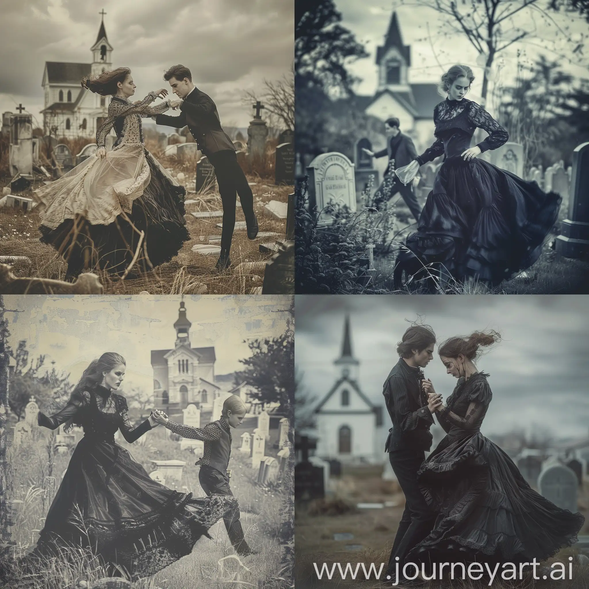 A photographic image of a beautiful sad Victorian woman dancing with a ghostly young Victorian man in a haunted  cemetery. In the background is a church.