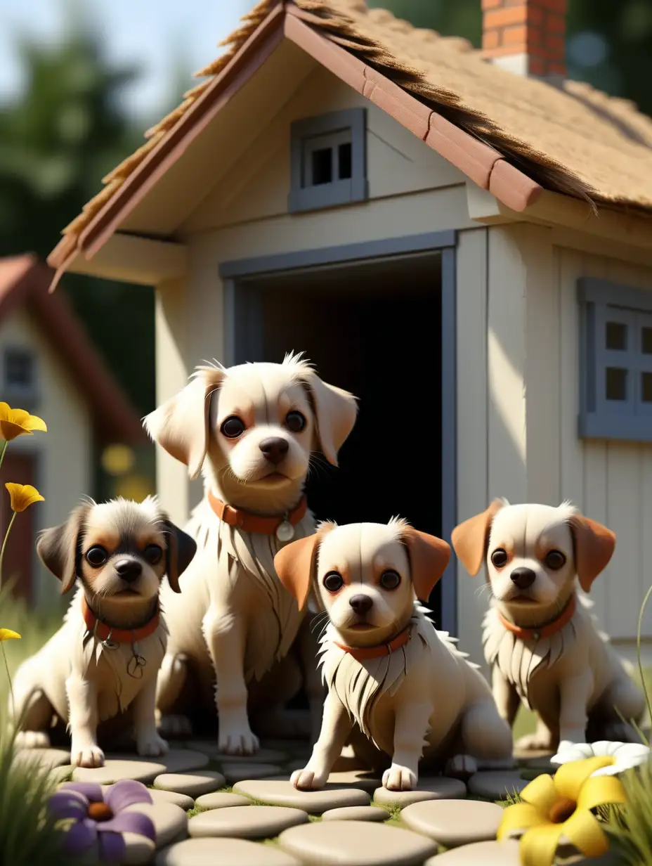 nice cottage
 in summer  season, four litle dogs playing out doors with their own teils
