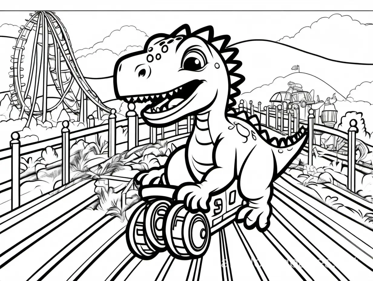 Clean flat coloring page for a children's book, the scene is a boy racing through the dinosaur theme park on a speedy rollercoaster::0.75 partially colorfully colored::1.6, Coloring Page, black and white, line art, white background, Simplicity, Ample White Space. The background of the coloring page is plain white to make it easy for young children to color within the lines. The outlines of all the subjects are easy to distinguish, making it simple for kids to color without too much difficulty