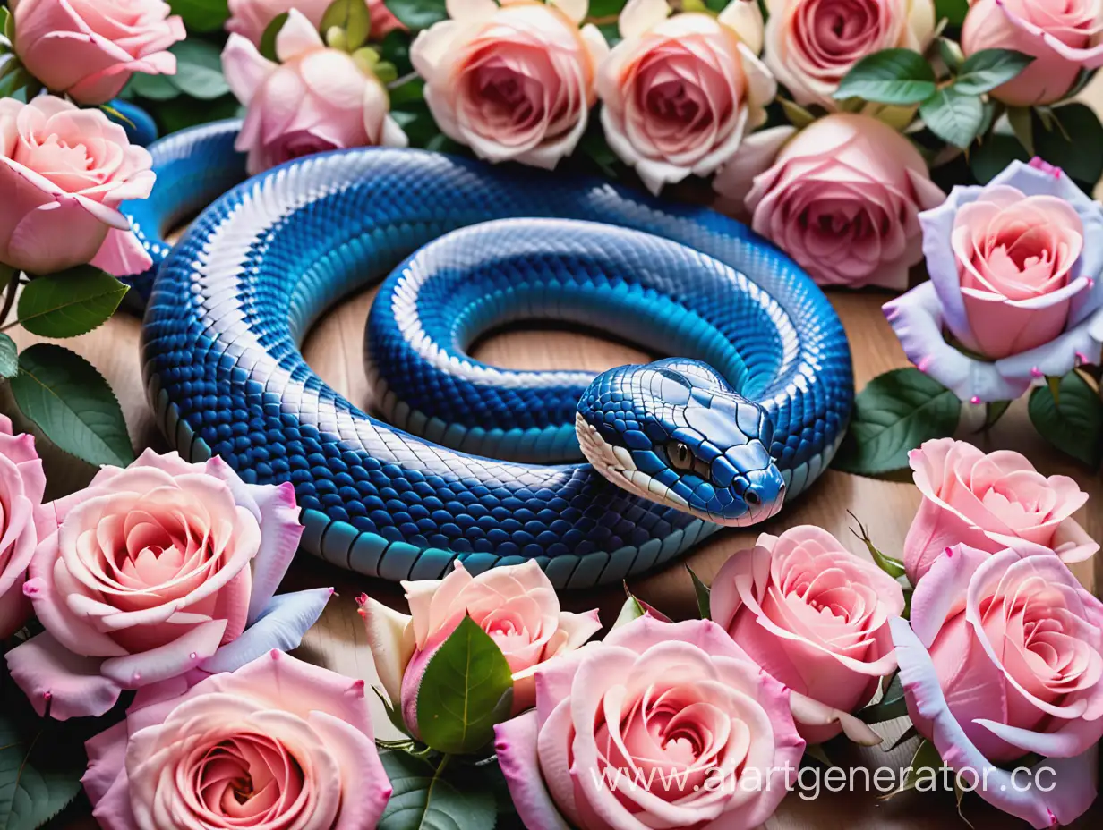 красивая кобра голубого цвета лежит на розовых нежных розах