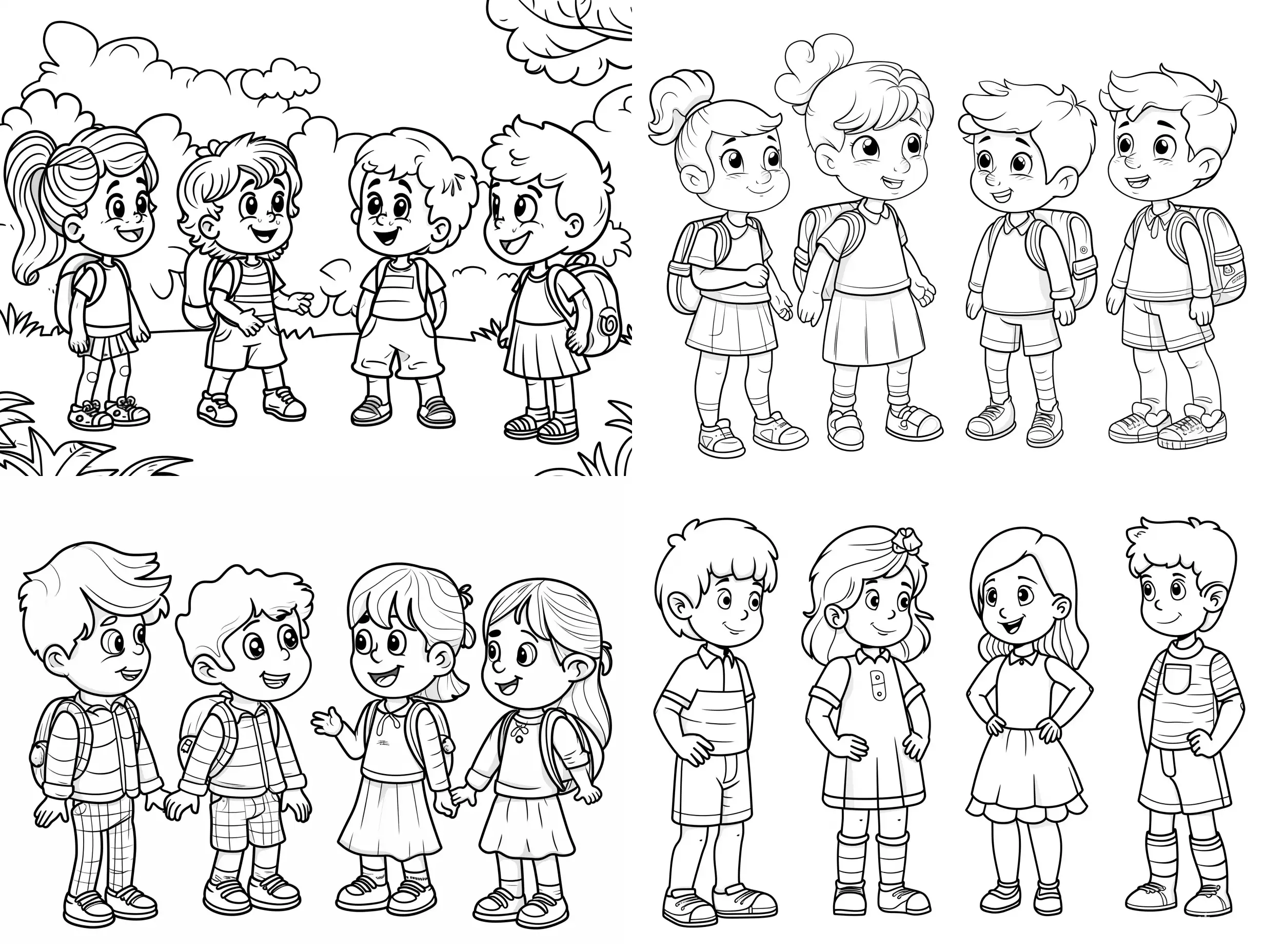 coloring page for kids, detailed, simply cartoon style, isolated, funny, classmate meeting 